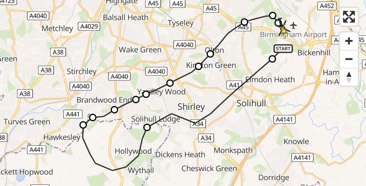 Flight path map showing Police Helicopter route from Solihull to Birmingham Airport