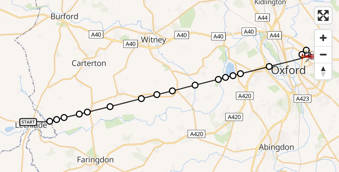 Flight path map showing Air Ambulance Helicopter route from Lechlade to Oxford