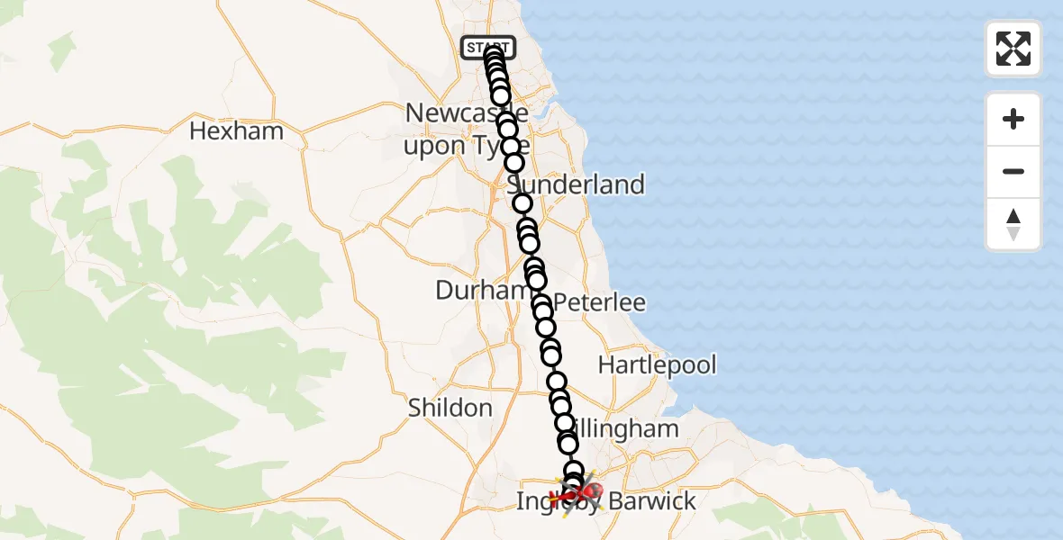 Flight path map showing Air Ambulance Helicopter route from Cramlington to Egglescliffe