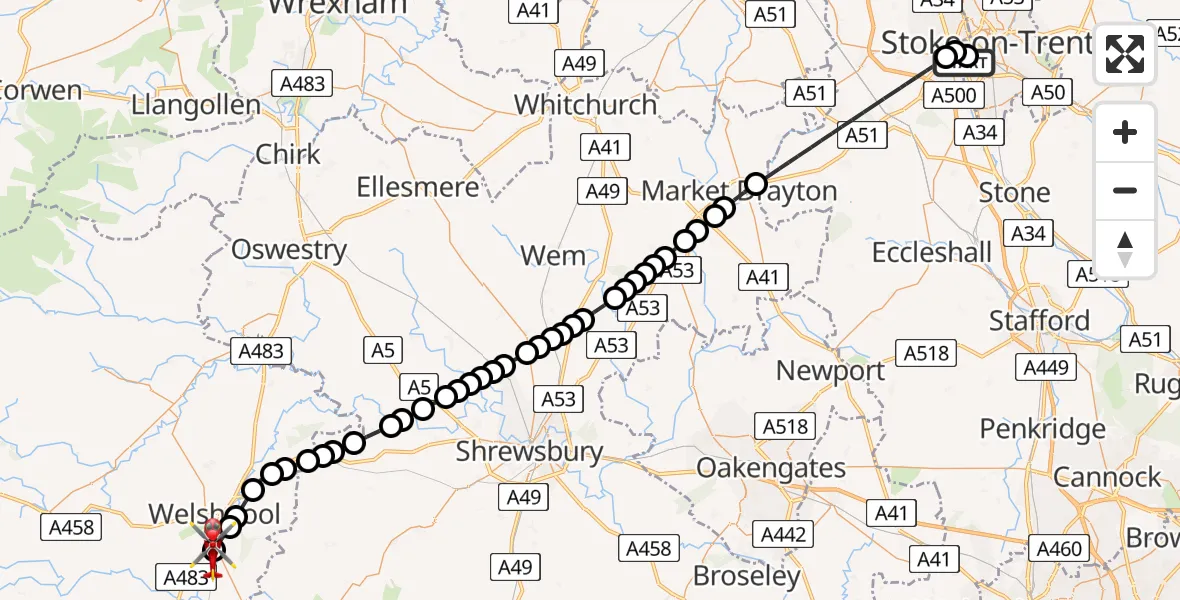 Flight route Air Ambulance Helicopter University Hospital North Staffs - Welshpool Airport, 20 April 2026, 19:14
