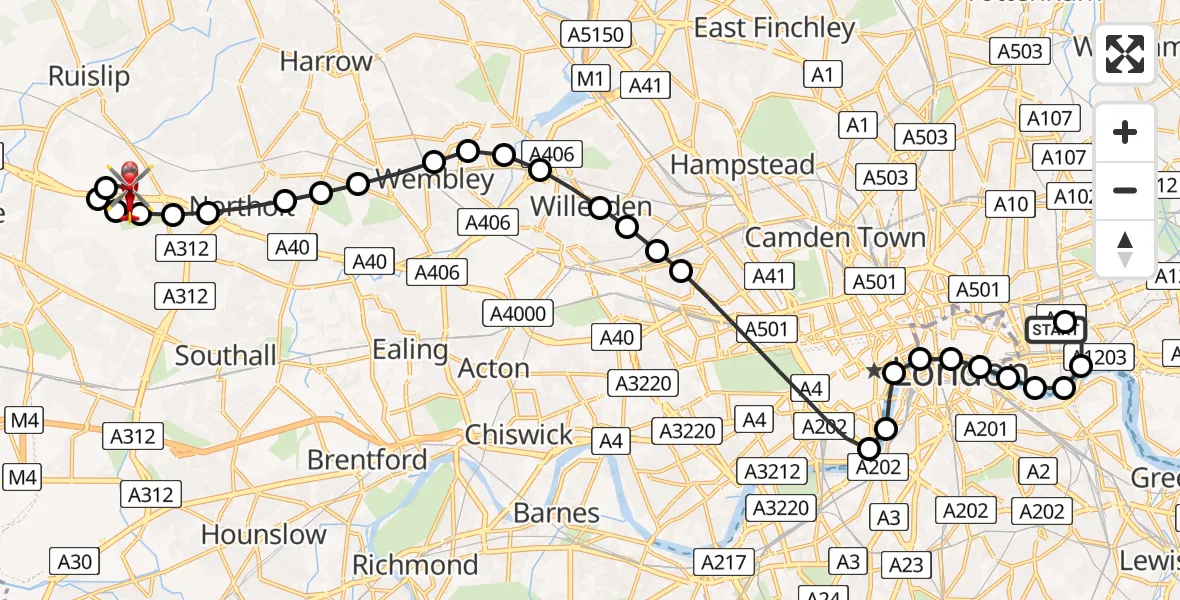 Flight route Air Ambulance Helicopter Royal London Hospital - RAF Northolt, 20 April 2026, 19:15