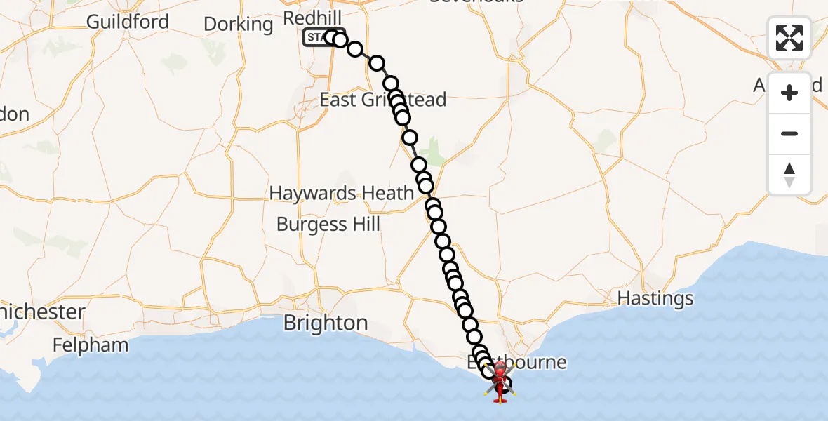 Flight path map showing Air Ambulance Helicopter route from Redhill Aerodrome to Eastbourne