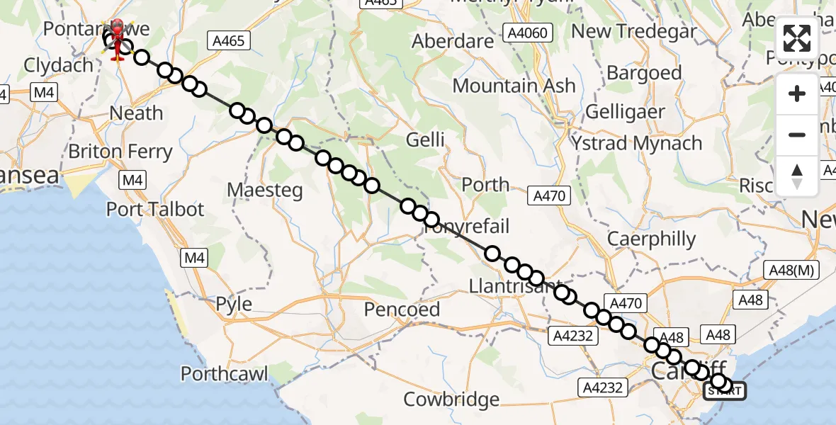 Flight route Air Ambulance Helicopter Cardiff Heliport - Rhos, 20 April 2026, 19:45