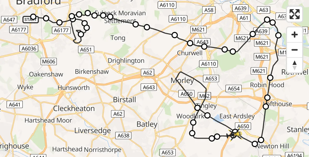 Flight path map showing Police Helicopter route from Trident to Wrenthorpe