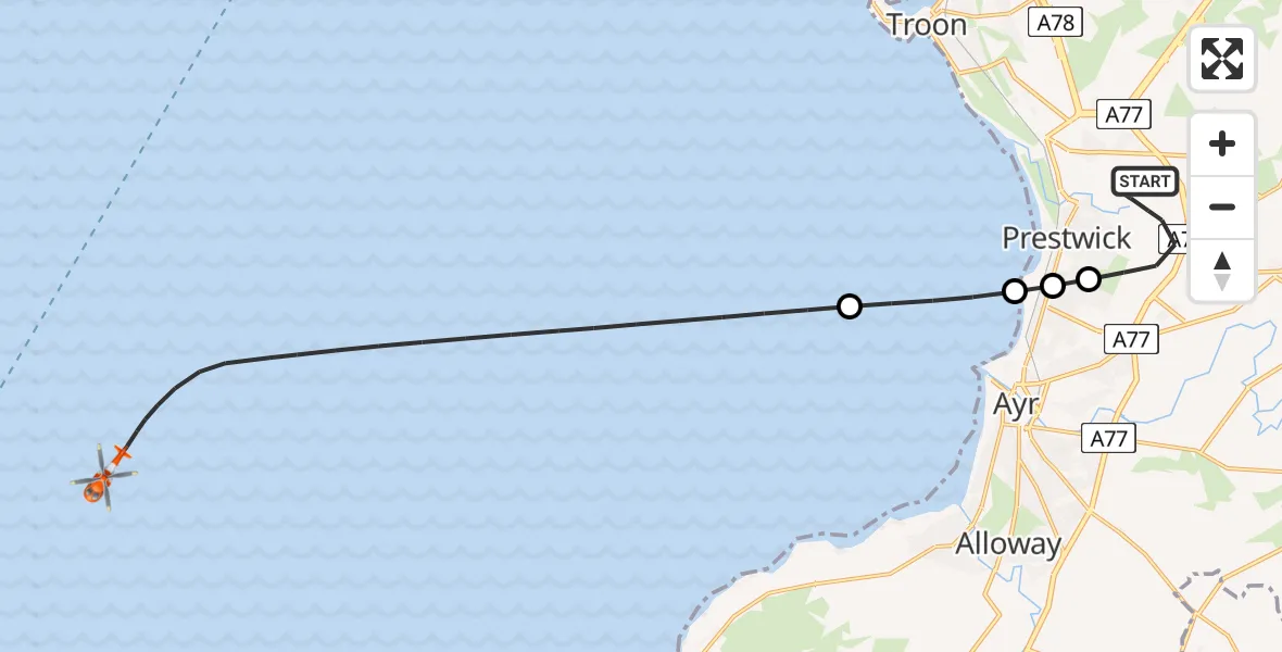 Flight route Coastguard Helicopter Glasgow Prestwick Airport - Inner Seas, 20 April 2026, 19:55