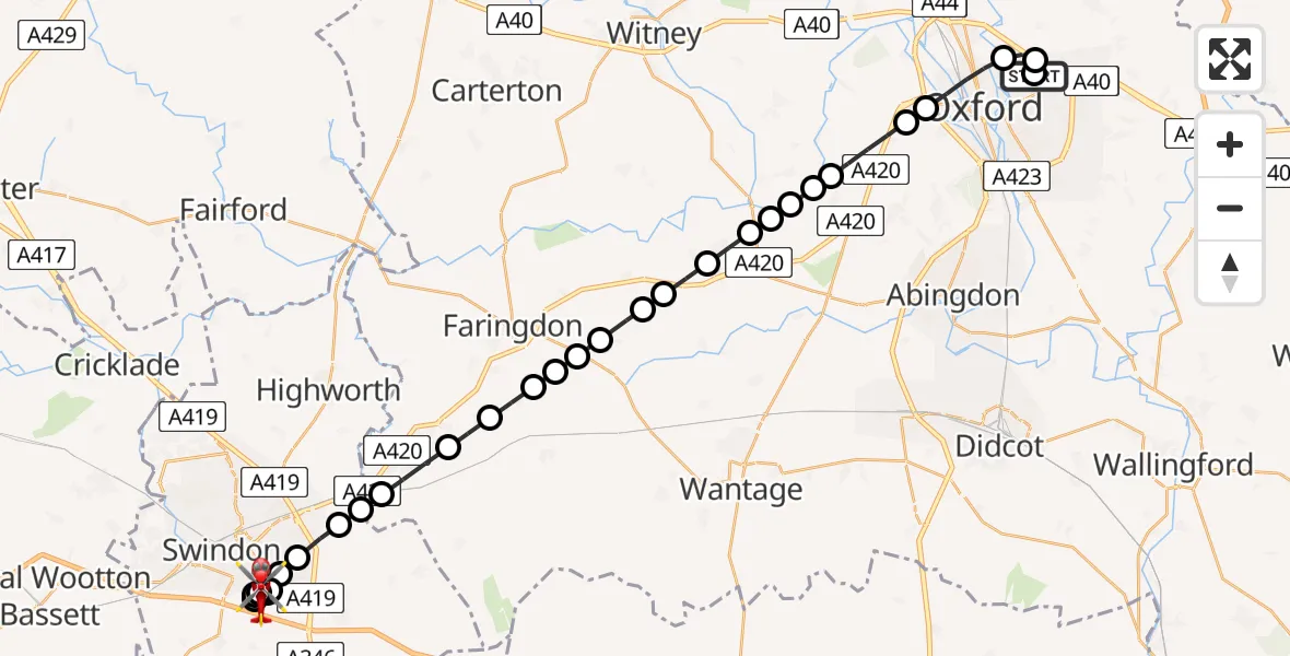 Flight route Air Ambulance Helicopter John Radcliffe Hospital - Hodson, 20 April 2026, 20:16