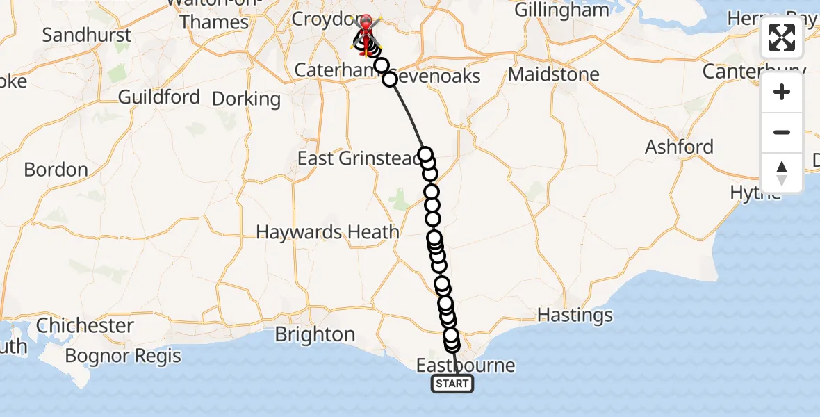 Flight path map showing Air Ambulance Helicopter route from Eastbourne to Bromley