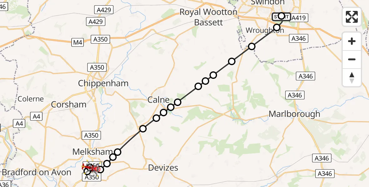 Flight path map showing Air Ambulance Helicopter route from Swindon to Wiltshire Air Ambulance