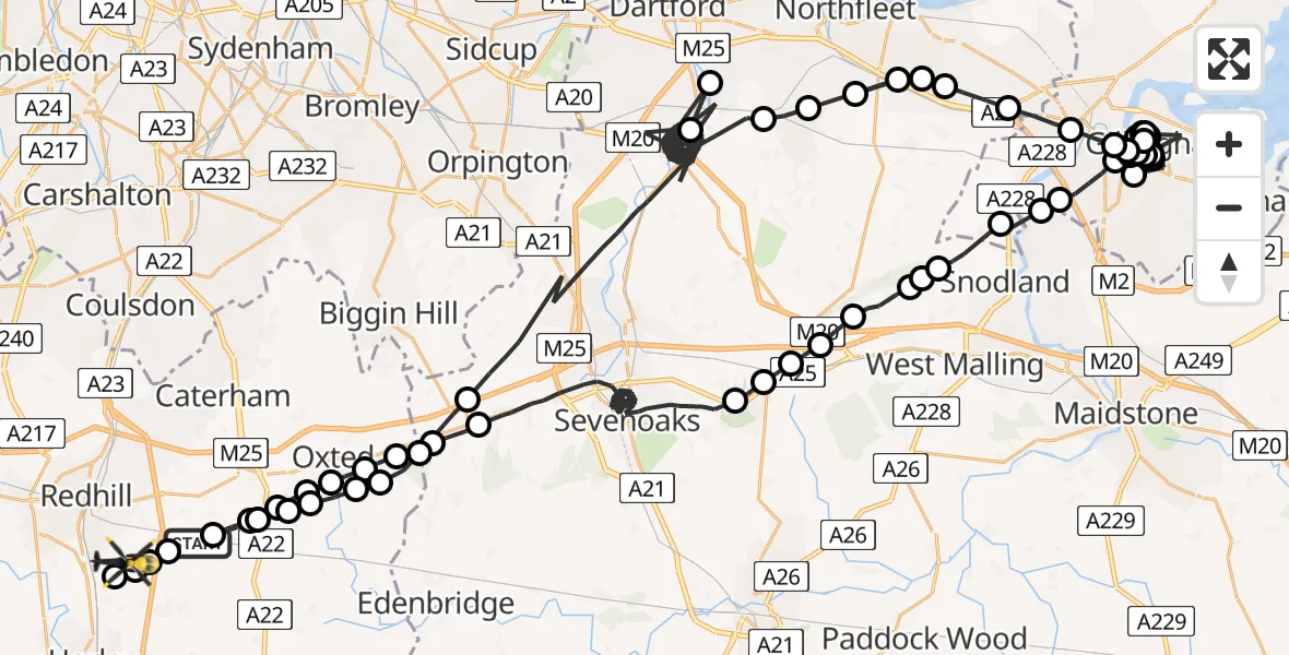 Flight path map showing Police Helicopter route from Tandridge to Redhill Aerodrome