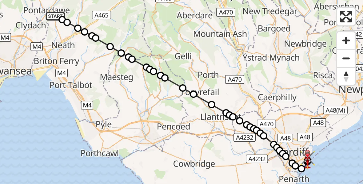 Flight route Air Ambulance Helicopter Rhos - Cardiff Heliport, 20 April 2026, 20:44