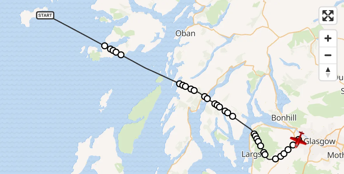 Flight route Air Ambulance Aircraft Inner Seas - Glasgow Airport, 20 April 2026, 21:04