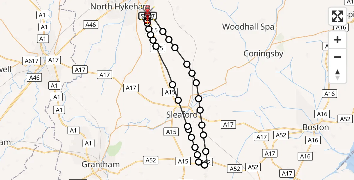 Flight route Air Ambulance Helicopter RAF Waddington - North Kesteven, 20 April 2026, 21:18