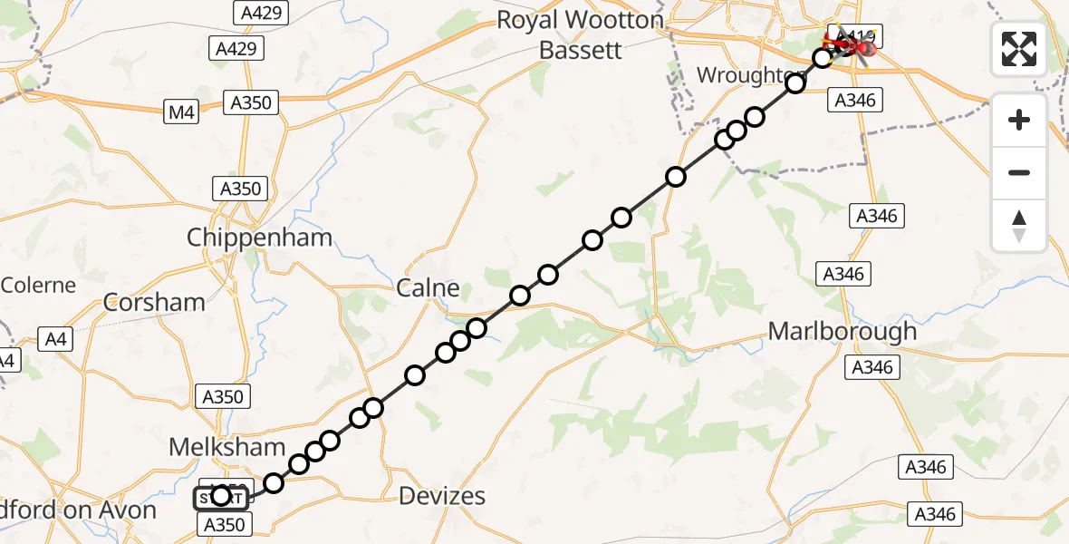 Flight route Air Ambulance Helicopter Wiltshire Air Ambulance - Great Western Hospital, 20 April 2026, 21:21