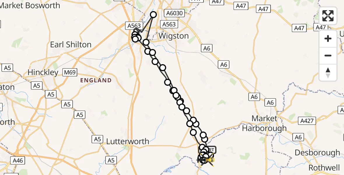 Flight path map showing Police Helicopter route from Marston Trussell to Harborough