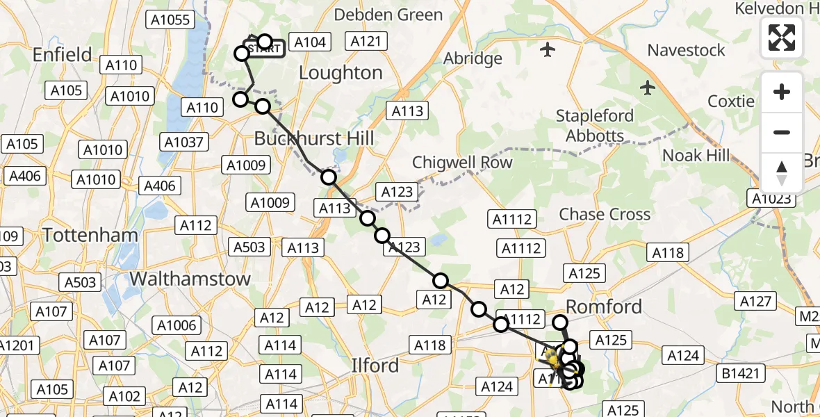 Flight route Police Helicopter Metropolitan Police Air Support Unit Lippitts Hill - Rush Green, 20 April 2026, 22:05