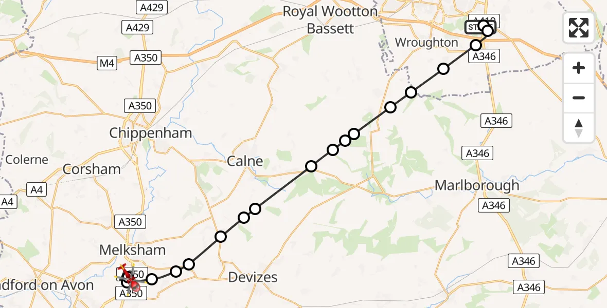 Flight route Air Ambulance Helicopter Great Western Hospital - Wiltshire Air Ambulance, 20 April 2026, 22:23