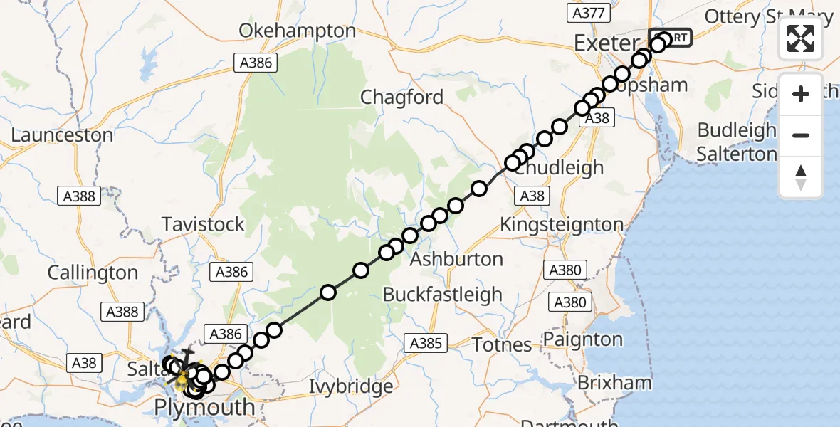 Flight route Police Helicopter Exeter International Airport - Kings Tamerton, 20 April 2026, 22:25