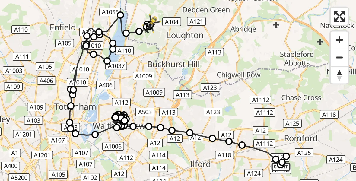 Flight route Police Helicopter Becontree Heath - Metropolitan Police Air Support Unit Lippitts Hill, 20 April 2026, 22:31