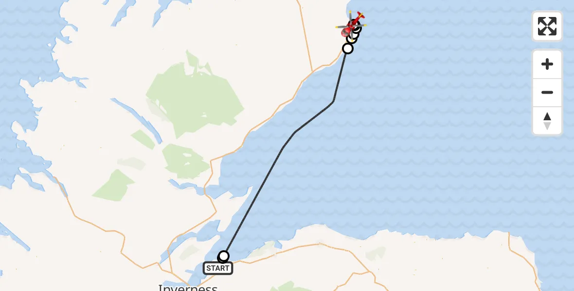 Flight path map showing Air Ambulance Helicopter route from Ardersier to Wick John O'Groats Airport