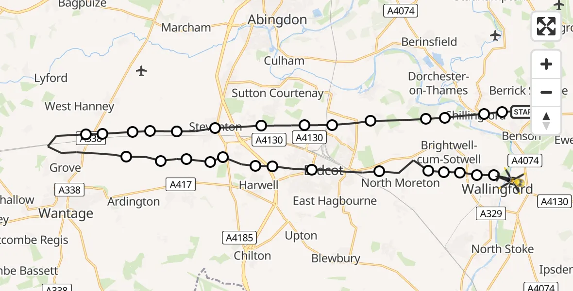 Flight path map showing Police Helicopter route from Benson to Crowmarsh Gifford