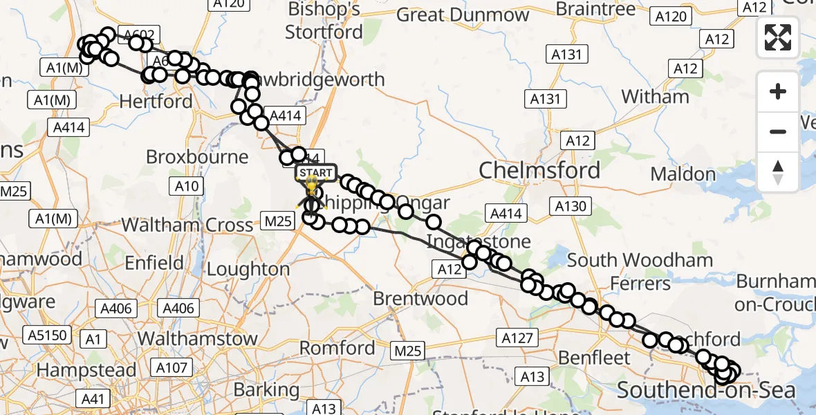 Flight path map showing Police Helicopter route from North Weald Bassett to Coopersale