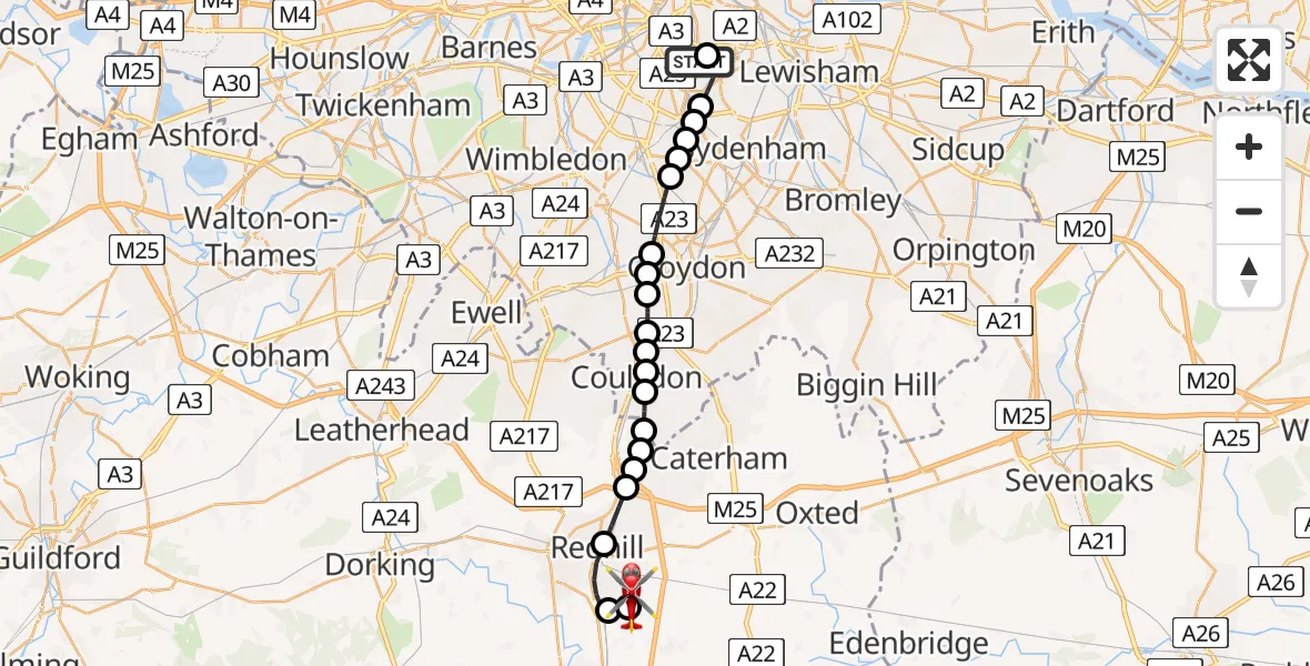 Flight route Air Ambulance Helicopter Kings College London Hospital - Redhill Aerodrome, 20 April 2026, 23:08