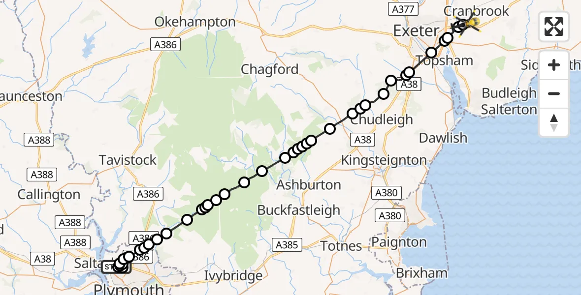 Flight route Police Helicopter Kings Tamerton - Exeter International Airport, 20 April 2026, 23:13