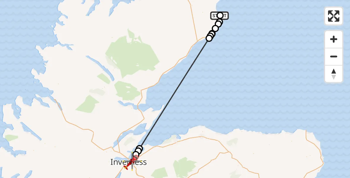 Flight path map showing Air Ambulance Helicopter route from Wick John O'Groats Airport to Inverness