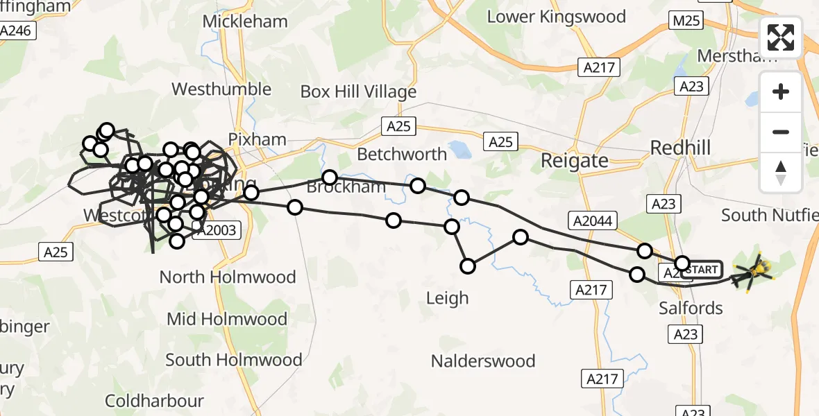 Flight path map showing Police Helicopter route from Salfords to Redhill Aerodrome