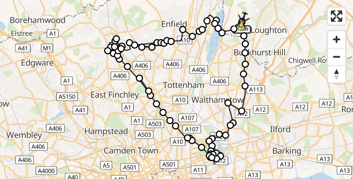 Flight path map showing Police Helicopter route from Sewardstonebury to Metropolitan Police Air Support Unit Lippitts Hill