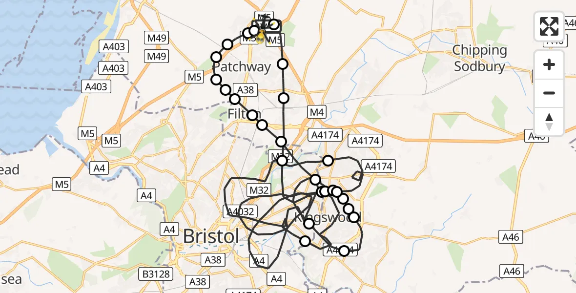 Flight path map showing Police Helicopter route from Almondsbury Helicopter Base to Almondsbury Helicopter Base