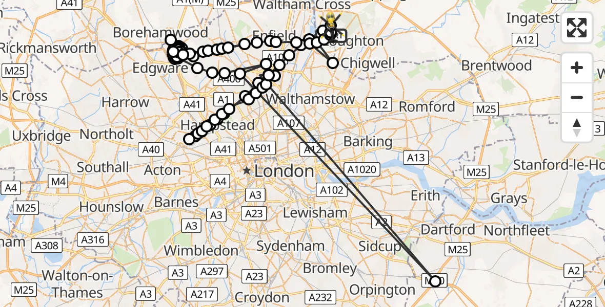 Flight path map showing Police Helicopter route from Metropolitan Police Air Support Unit Lippitts Hill to Sewardstonebury