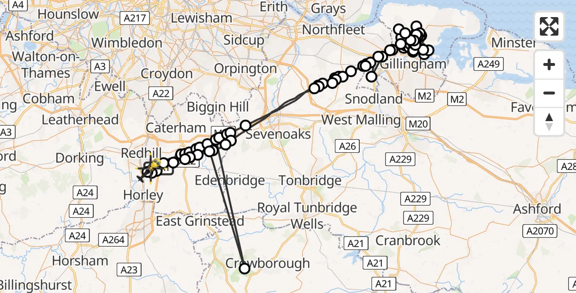 Flight path map showing Police Helicopter route from South Nutfield to Salfords