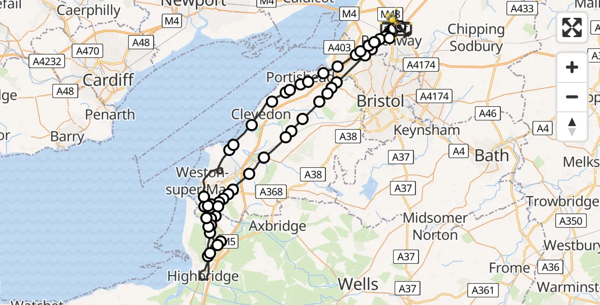 Flight path map showing Police Helicopter route from Almondsbury Helicopter Base to Almondsbury Helicopter Base