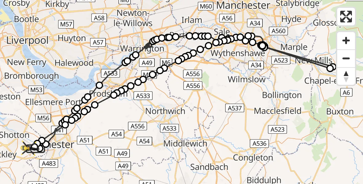 Flight path map showing Police Helicopter route from Hawarden Airport to Sandycroft