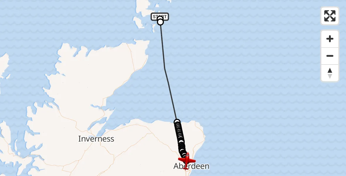 Flight path map showing Air Ambulance Aircraft route from Toab to Aberdeen International Airport