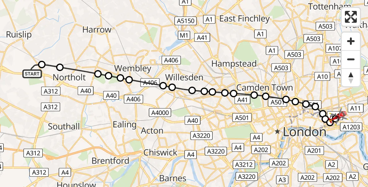Flight path map showing Air Ambulance Helicopter route from RAF Northolt to Royal London Hospital
