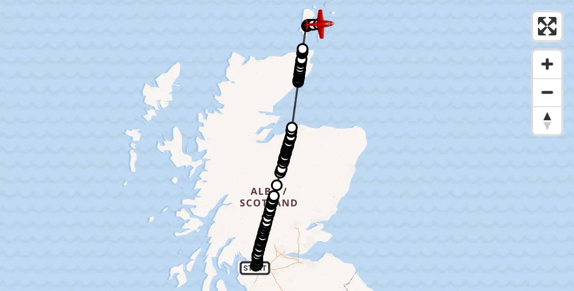 Flight path map showing Air Ambulance Aircraft route from Glasgow Airport to Kirkwall