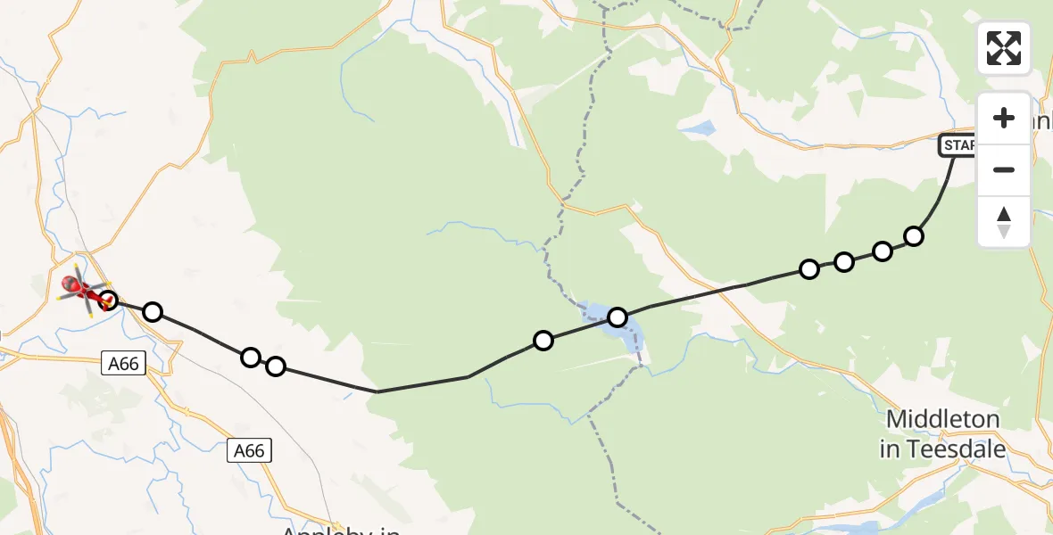 Flight path map showing Air Ambulance Helicopter route from Stanhope to Edenhall