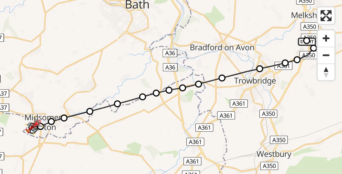 Flight path map showing Air Ambulance Helicopter route from Wiltshire Air Ambulance to Midsomer Norton