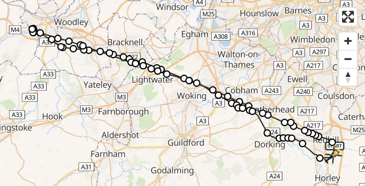 Flight path map showing Police Helicopter route from South Nutfield to Salfords
