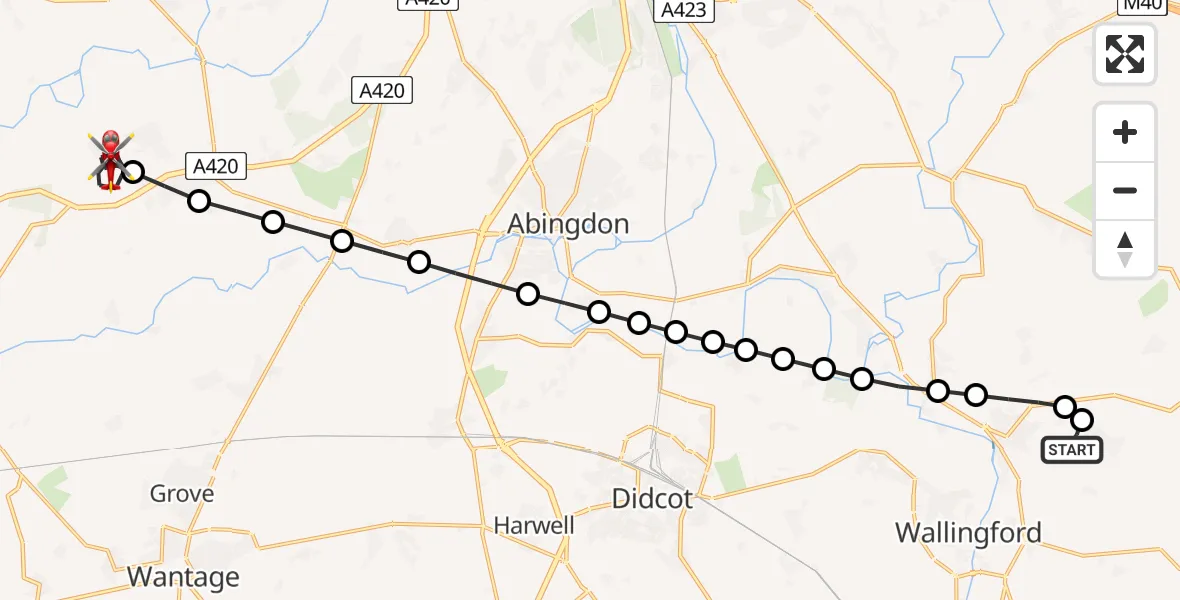 Flight path map showing Air Ambulance Helicopter route from RAF Benson to Hinton Waldrist