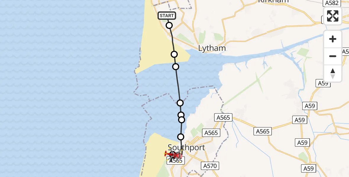 Flight path map showing Air Ambulance Helicopter route from Blackpool Airport to Birkdale Sands Beach Runway
