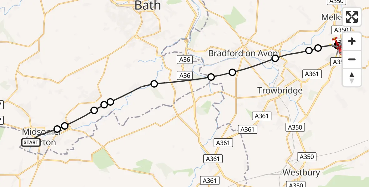 Flight path map showing Air Ambulance Helicopter route from Midsomer Norton to Wiltshire Air Ambulance