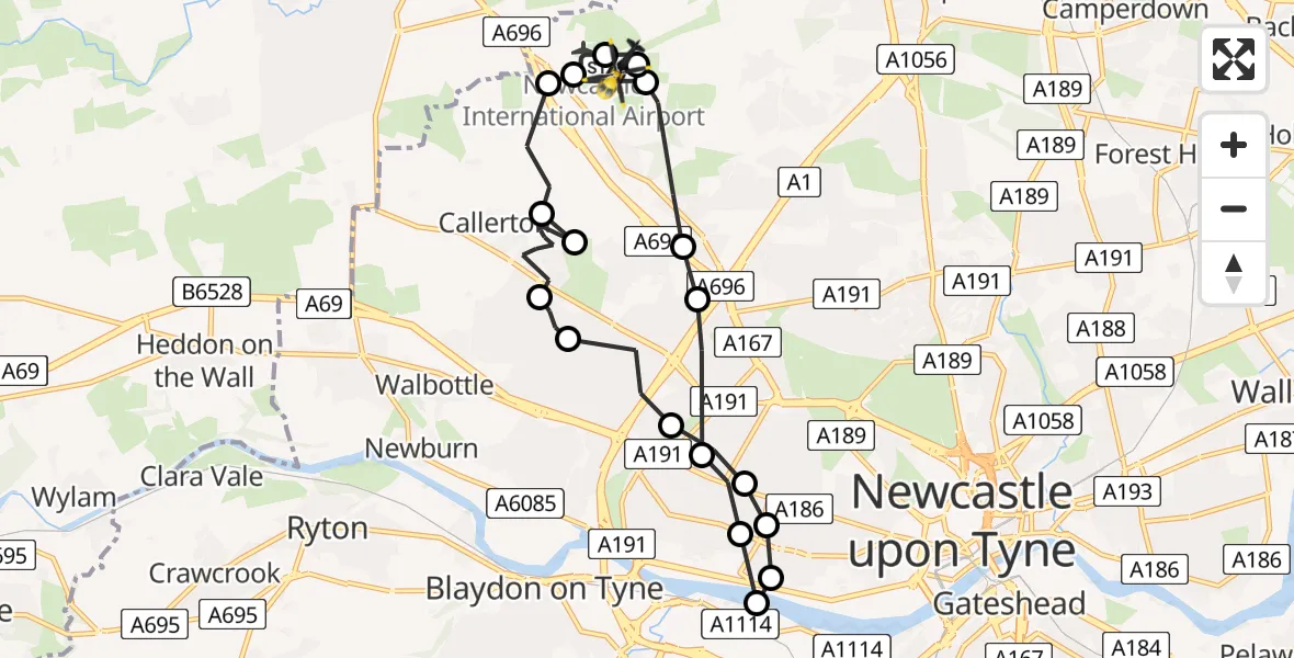 Flight path map showing Police Helicopter route from Newcastle International Airport to Newcastle International Airport