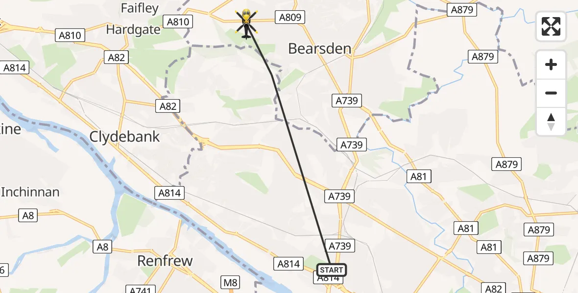 Flight path map showing Police Helicopter route from Glasgow to Bearsden