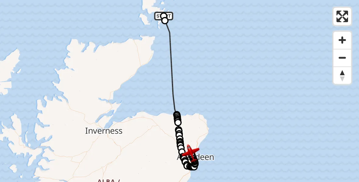 Flight path map showing Air Ambulance Aircraft route from Orkney Islands to Aberdeen International Airport