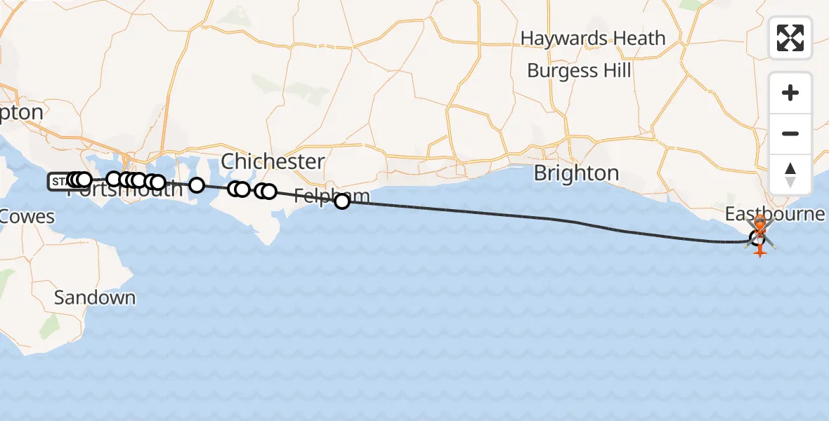 Flight path map showing Coastguard Helicopter route from Solent Airport to Eastbourne