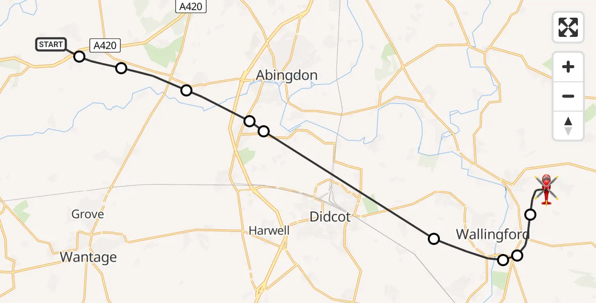 Flight path map showing Air Ambulance Helicopter route from Hinton Waldrist to RAF Benson