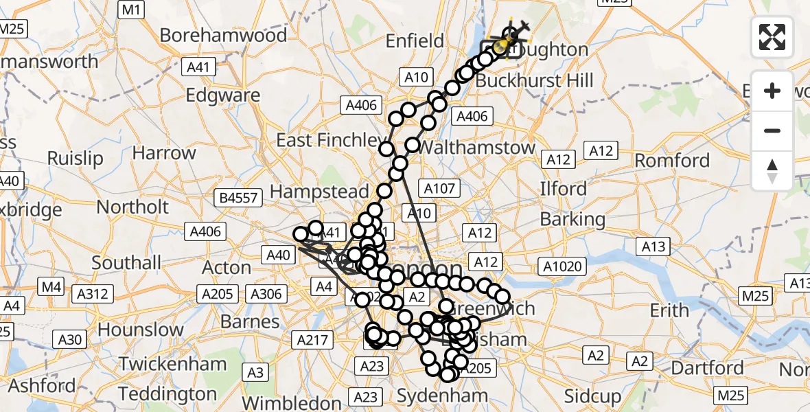Flight path map showing Police Helicopter route from Sewardstonebury to Metropolitan Police Air Support Unit Lippitts Hill